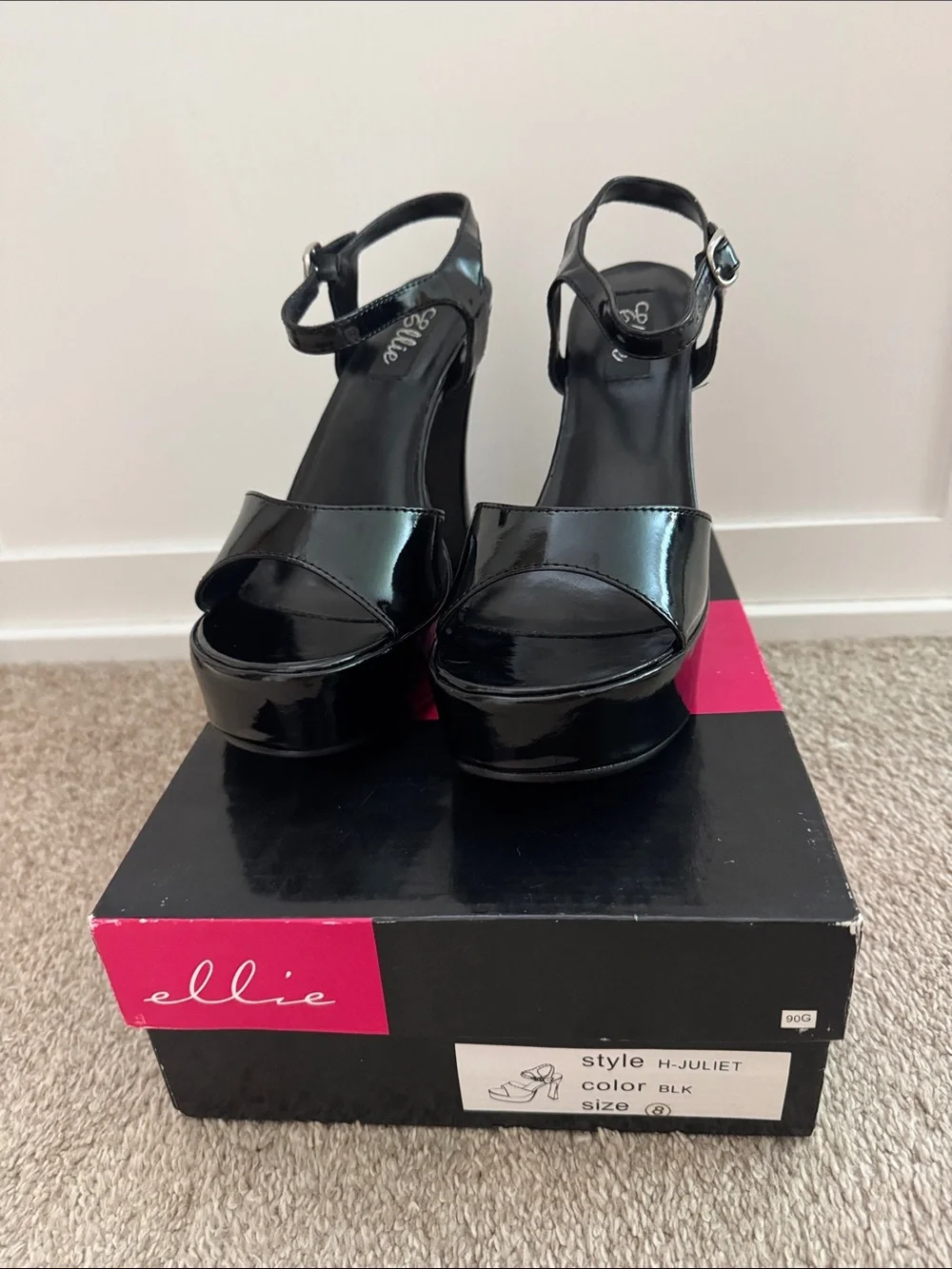 Ellie Juliet Black Patent Leather 5” Platform Heels, Size 8